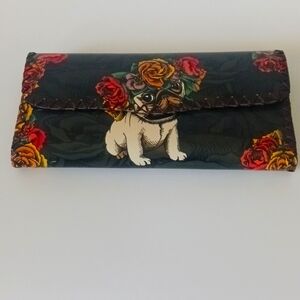 PUG w/flowers Printed WALLET Hand Stitched Vegan Leather Multi compartment